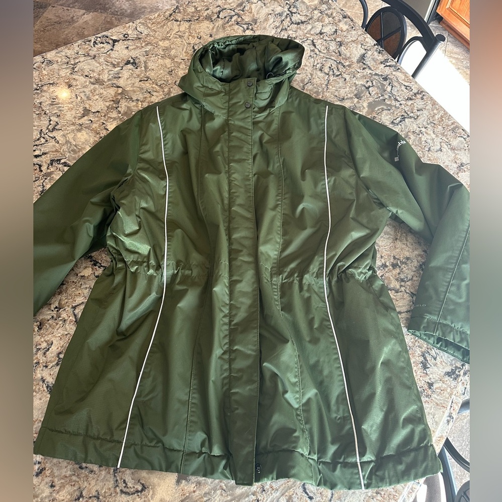 Columbia women’s 2X Omni Shield Coat Parka Ski Jacket Green Hooded Cinch waist